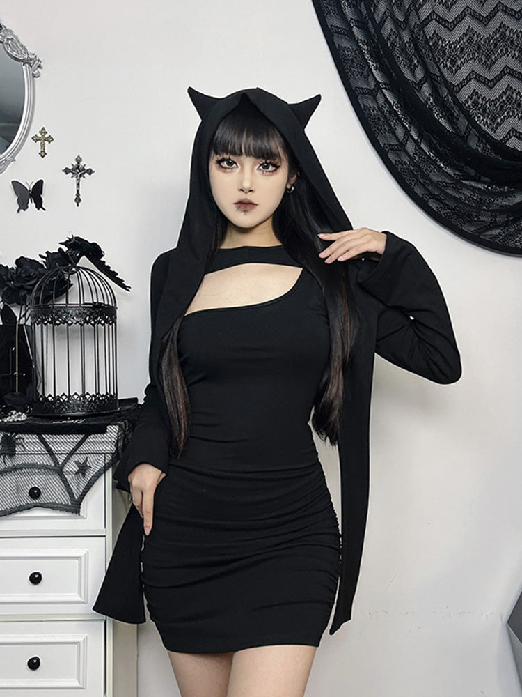 Wasteland Out Folds Bodycon Long Kitten Sleeve Hollow Dress