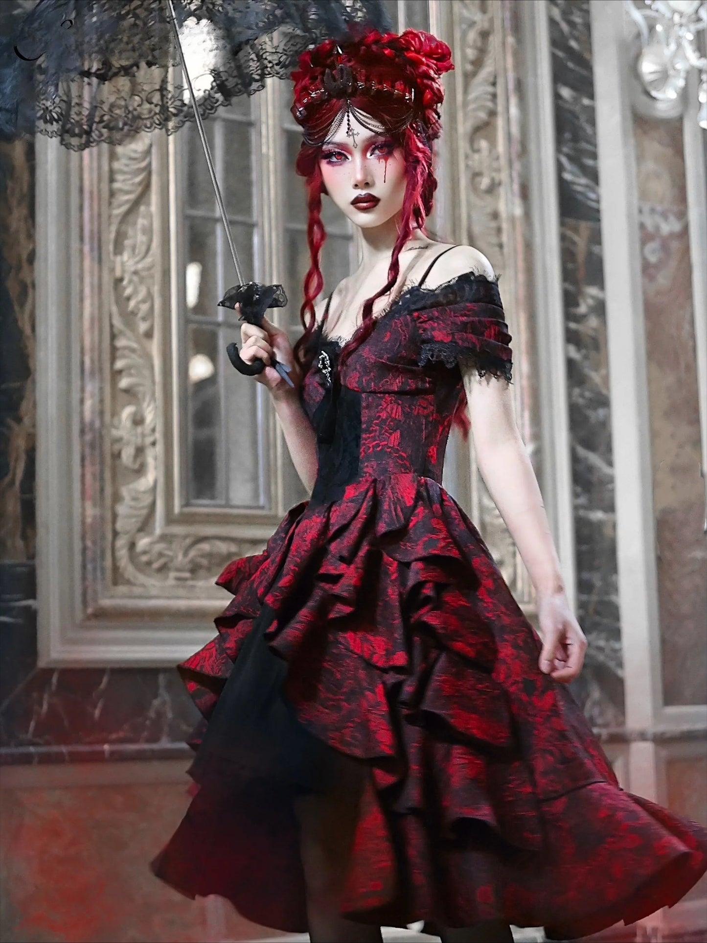 High-Waist Party Style Court Dark Gothic Off-Shoulder Wave Japanese Black Dress Lolita Red Autumn Halloween