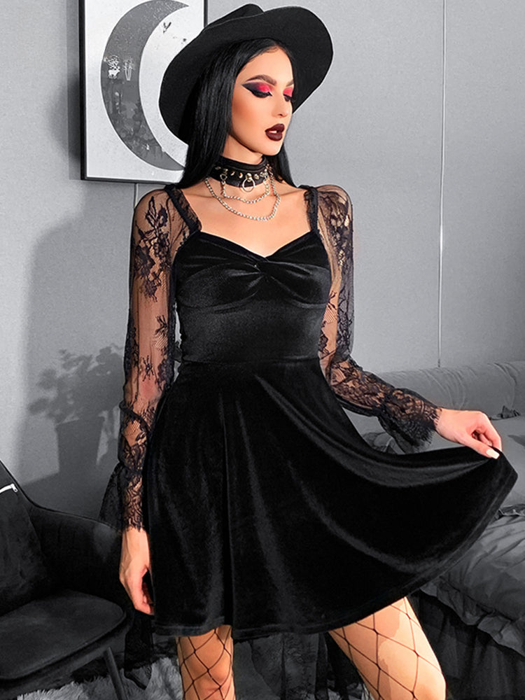 Dress Twisted Sleeve V Velvet Goth 40s Lantern 50s Backless Neck Lace Retro Bodycon