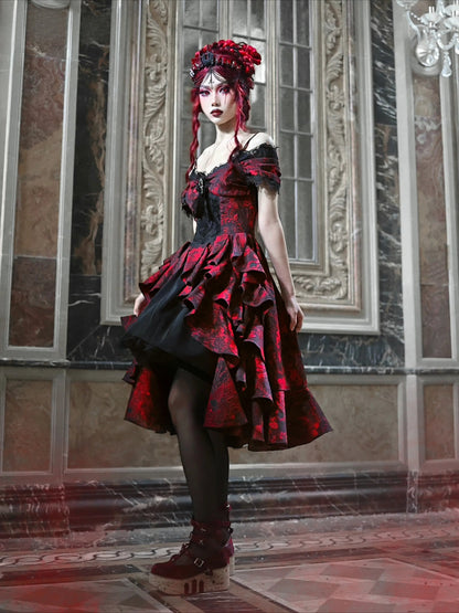 High-Waist Party Style Court Dark Gothic Off-Shoulder Wave Japanese Black Dress Lolita Red Autumn Halloween