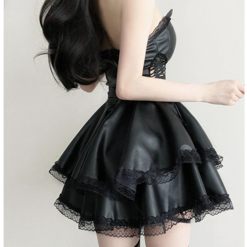 Dress Sweet Punk French Dress Gothic Y2K Slim Wrap Sexy Mini Chest Black Fit Luxury Party Girls Summer