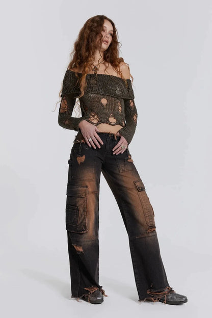 Low-rise Ripped Water Blast Multi-pocket Overalls Jeans