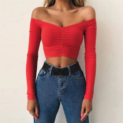 AMY FASHION - Sexy Club Fashion Off Shoulder Solid Color Autumn Crop Top