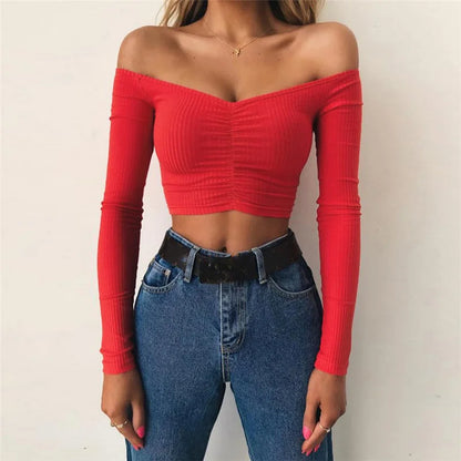 AMY FASHION - Sexy Club Fashion Off Shoulder Solid Color Autumn Crop Top