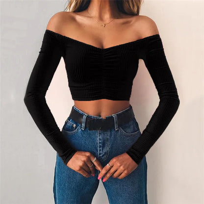 AMY - Sexy Club Fashion Off Shoulder Solid Color Autumn Crop Top