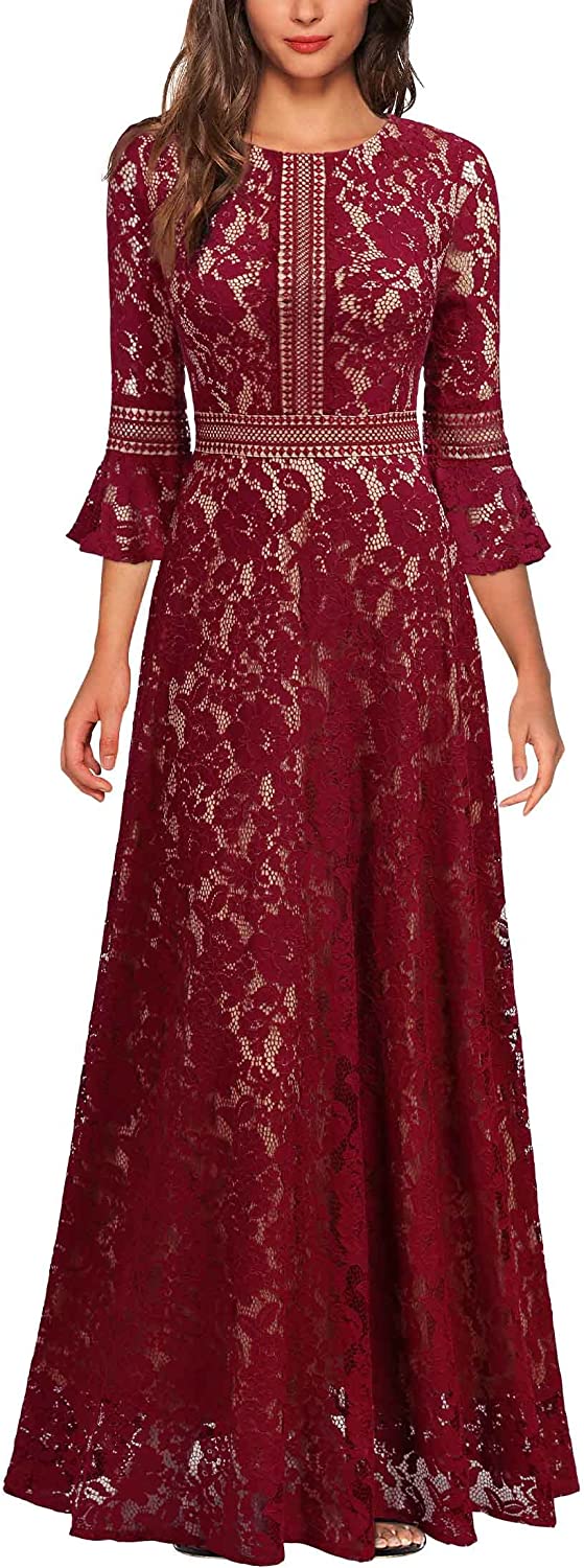 Christmas Vintage Full Lace Contrast Bell Sleeve Formal Long Dress