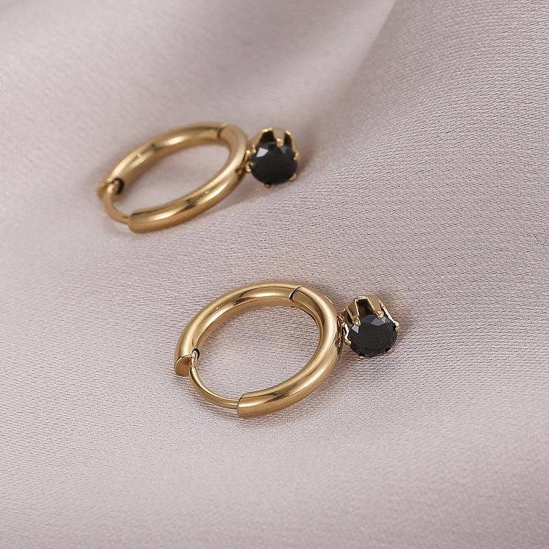 14K Glossy White Black Stone Hoop Earrings