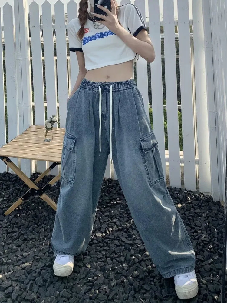 Amy Fashion - Retro Style Loose Multi Pocket Wide Leg Graffiti High Waist Straight Leg Women's Jean