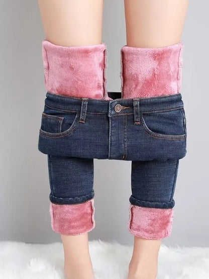 Amy Fashion - Thickened Plush Elastic Slim Pencil Winter Wool Insulation Fur Plush Jean